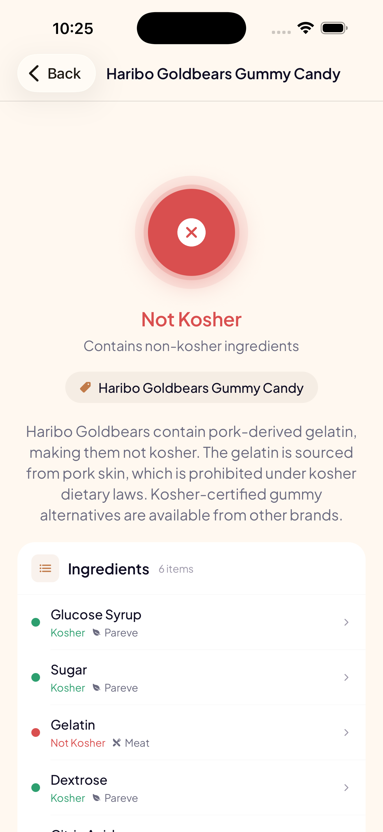 Not kosher result highlighting gelatin concern