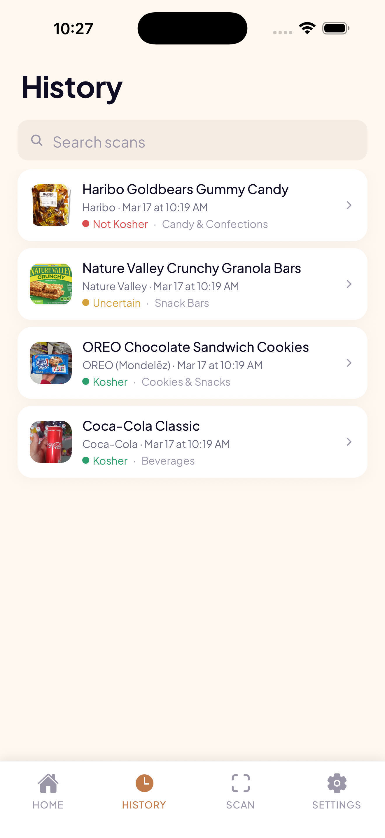 Scan history showing multiple product results